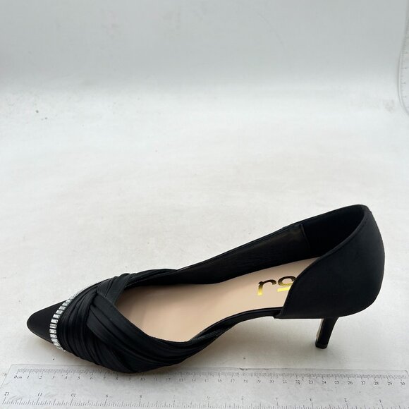 FSJ Women Low Kitten Heels Pointed Toe Slip on Pumps D'Orsay Pleated Satin Black - Picture 2 of 8